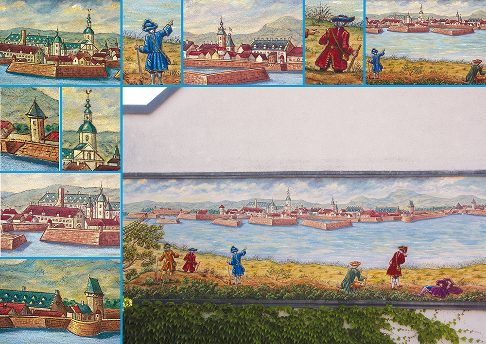 Foto des Wandbildes mit Detailaufnahmen, dargestellt wird das Panorama der Stadt, welche von Festungsmauern und dem Rhein umgeben ist.
